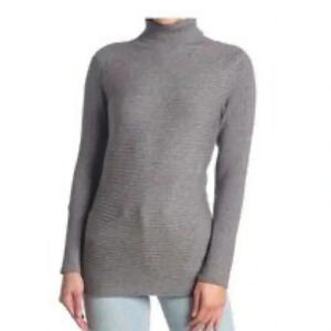 Women’s Gray Ribbed Knit Mock Neck Sweater Long Sleeve Pullover Tunic Top S